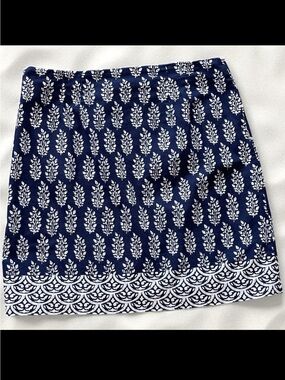 Talbots Navy White Print A-Line Short Skirt Sz 10 Spandex Lined Side Zipper